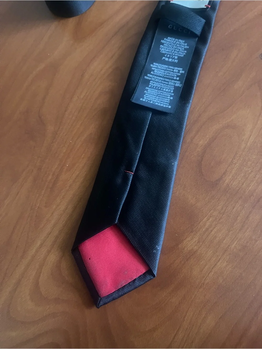 Gucci Black Silk Skinny Tie with Red & White Snake Motif